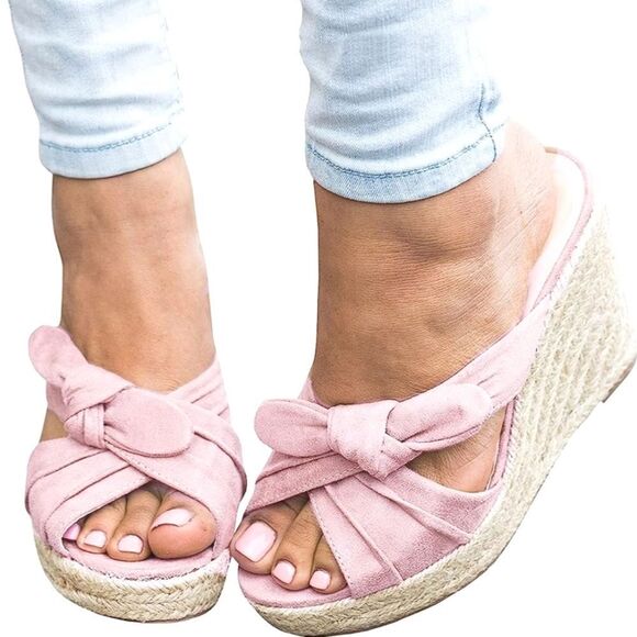 (S-4091) Fashare Womens Slip on Wedge Sandals Slides Bow Tie Sz 6.5 - Picture 1 of 11